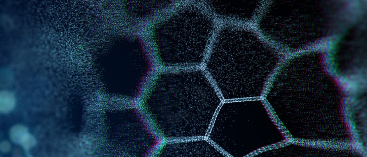 Pixelated white outlines of hexagons are in and out of focus on a black background