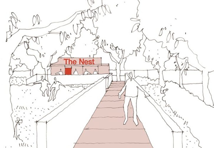 Sketch of a pathway through trees t a building with red sign saying 'The Nest'