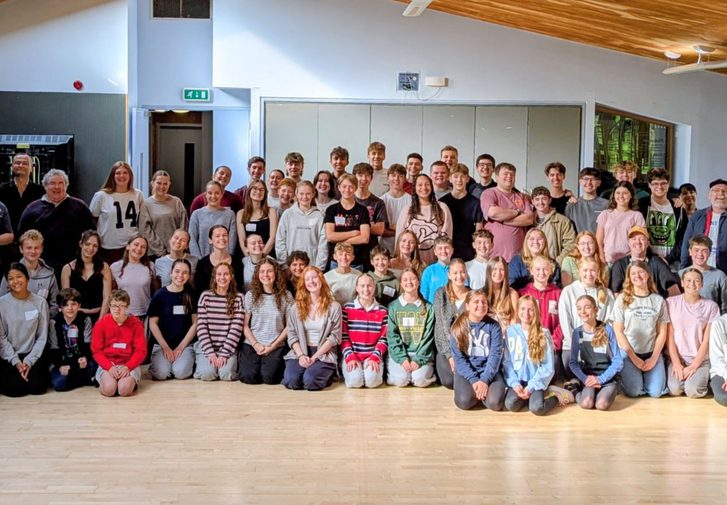 The cast of A Boy Called Christmas pose for a photo in the Steven Pimlott Building.