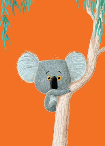 An illustration of an adorable little grey koala with an oversized head and huge ears, looking straight ahead with wide eyes, clinging onto a tree. The background is a joyful bright orange and a couple of green leaves hang down from the top of the image.