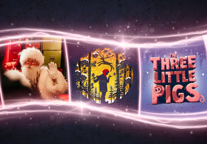 Images of Christmas Concerts choir, Santa waving, A Boy Called Christmas illustration, The Three Little pigs title treatment and a baby wearing a reindeer headband incased in purple lights and sparkles.