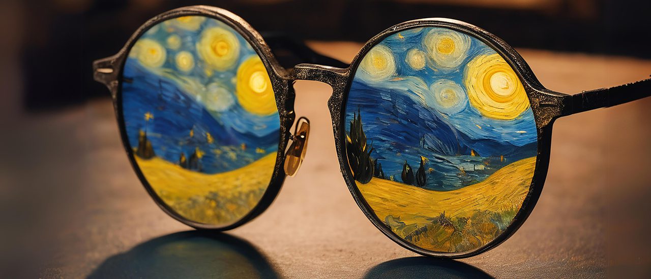 Round lensed glasses sit on a table with Vincent van Gough's starry night in the lenses.