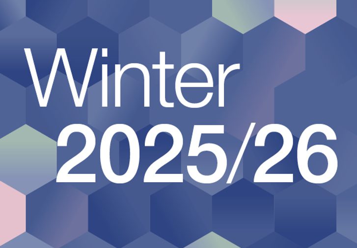 The words 'Winter 2025/26' in white font appear against a pattern of hexagons in muted blue, green and pink