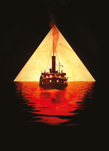 White and gold text on a black background reads 'Agatha Christie's Death on the Nile, adapted for the stage by Ken Ludwig, directed by Lucy Bailey.' In the centre is a graphic depicting a golden triangle with the silhouette of a ship, sailing on red water with the faint outline of a skull hidden within it.