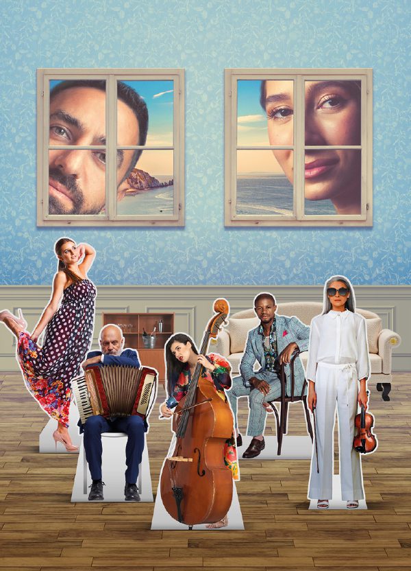 An illustration shows a room in a house with light blue wallpaper, cream panelling, and a wooden floor. There are two windows with illustrations of a man and a woman smiling and looking in. In the foreground are five paper cut outs of different people: a woman in a summer dress, posing, a man sitting playing an accordion, a woman sitting laying a cello, a man wearing a suit leaning casually over the back of a chair, and a glamorous woman in a white two piece and sunglasses, holding a small string instrument.