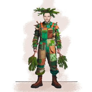 A illustration of a man in a patchwork costume - green dungarees with pockets on and wearing a green headdress and holding branches in his hands.